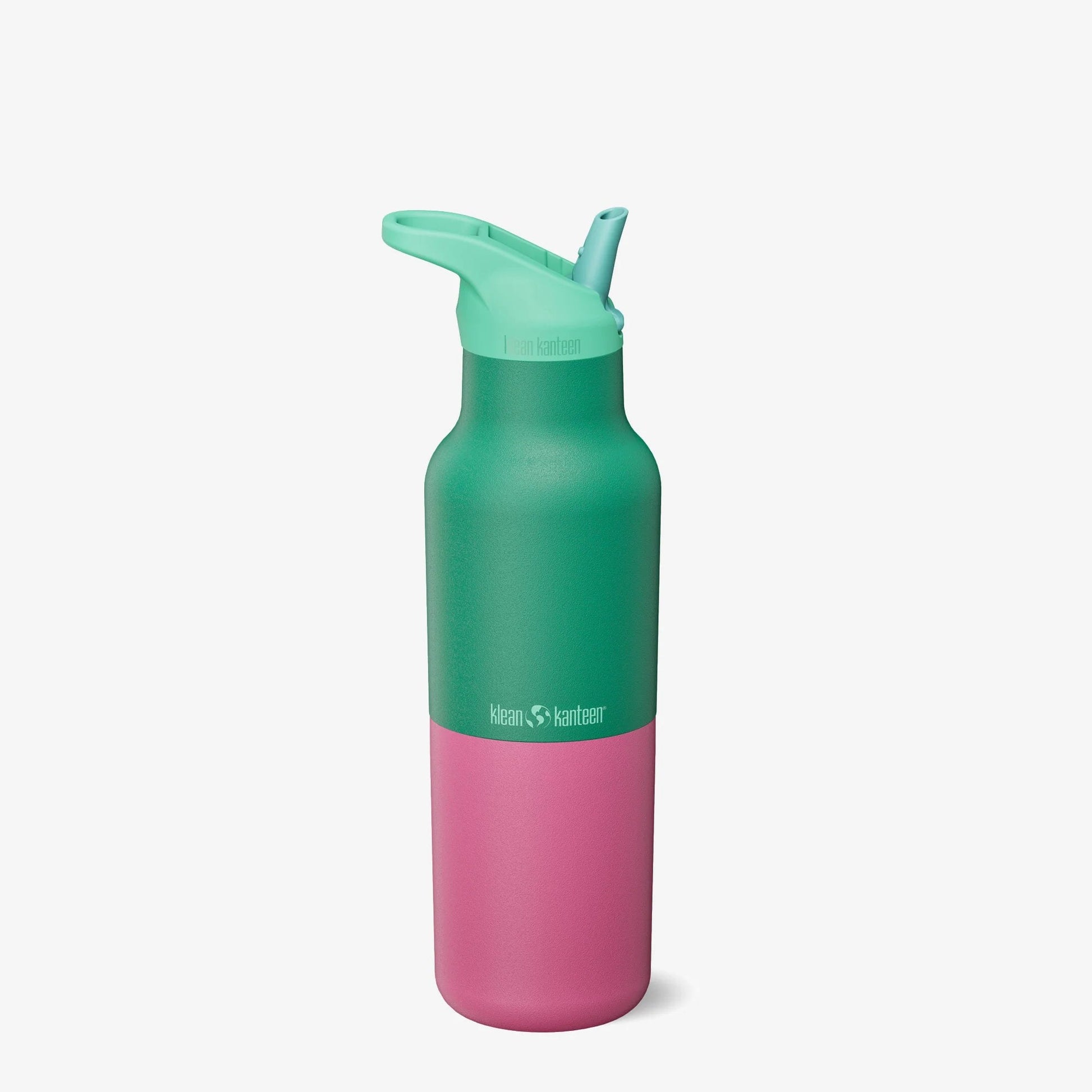 Klean Kanteen Rise Classic 473ml drinkfles in groen en roze, frontaanzicht met flip seal sport cap