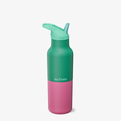 Klean Kanteen Rise Classic 473ml drinkfles in groen en roze, frontaanzicht met flip seal sport cap