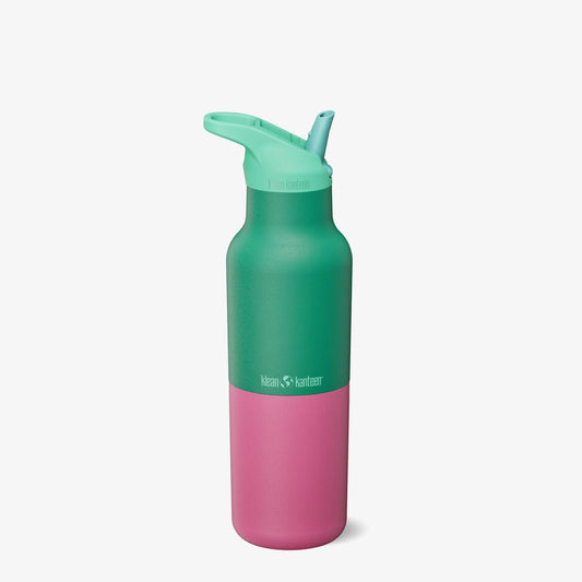 Klean Kanteen Rise Classic 473ml drinkfles in groen en roze, frontaanzicht met flip seal sport cap