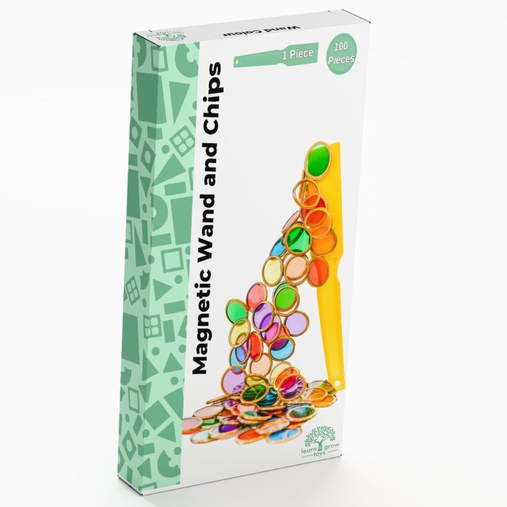 Learn and Grow Toys magnetische wand met 100 gekleurde transparante ringen in verpakking, productfoto tegen witte achtergrond