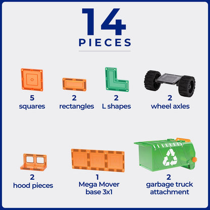 Learn & Grow magnetische tegels recycling truck set - 14 onderdelen inclusief wielen, vormen en afvalcontainer getoond