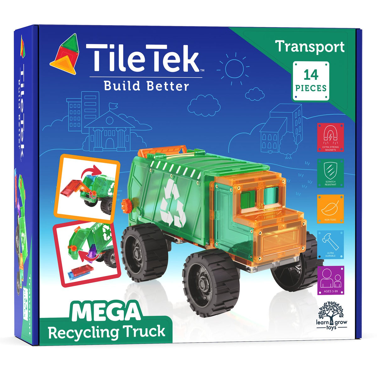 TileTek Mega Recycling Truck bouwset: groen-oranje vuilniswagen met magneten op verpakking tegen blauwe achtergrond.