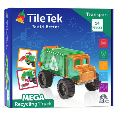 TileTek Mega Recycling Truck bouwset: groen-oranje vuilniswagen met magneten op verpakking tegen blauwe achtergrond.