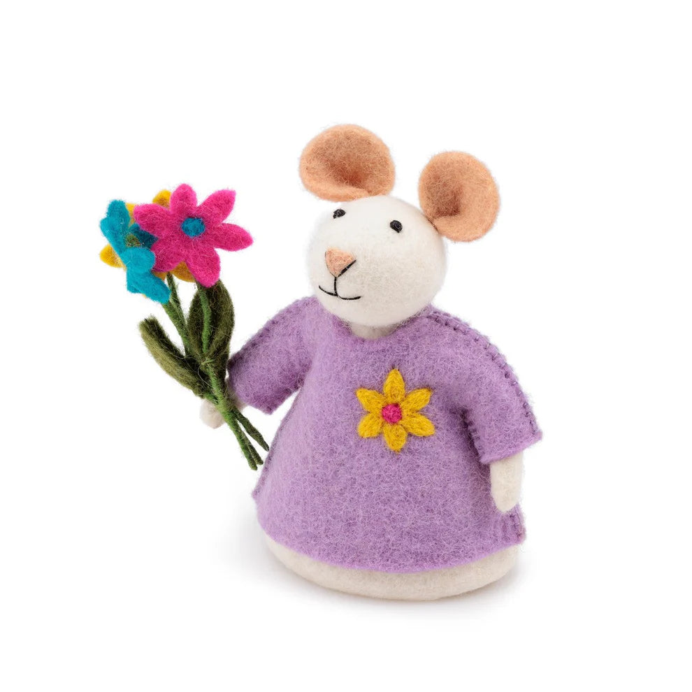 Decoratie muis van wolvilt - Bloemenmuis - Paars