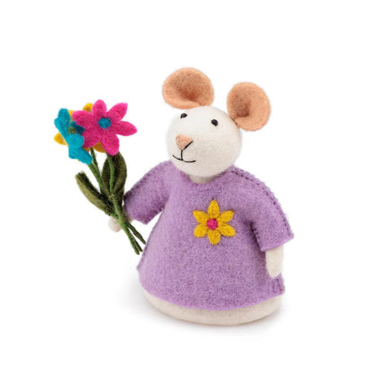 Decoratie muis van wolvilt - Bloemenmuis - Paars