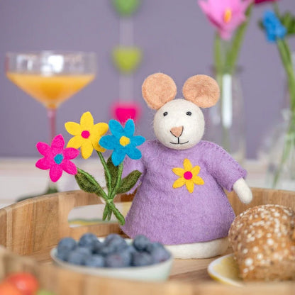 Decoratie muis van wolvilt - Bloemenmuis - Paars