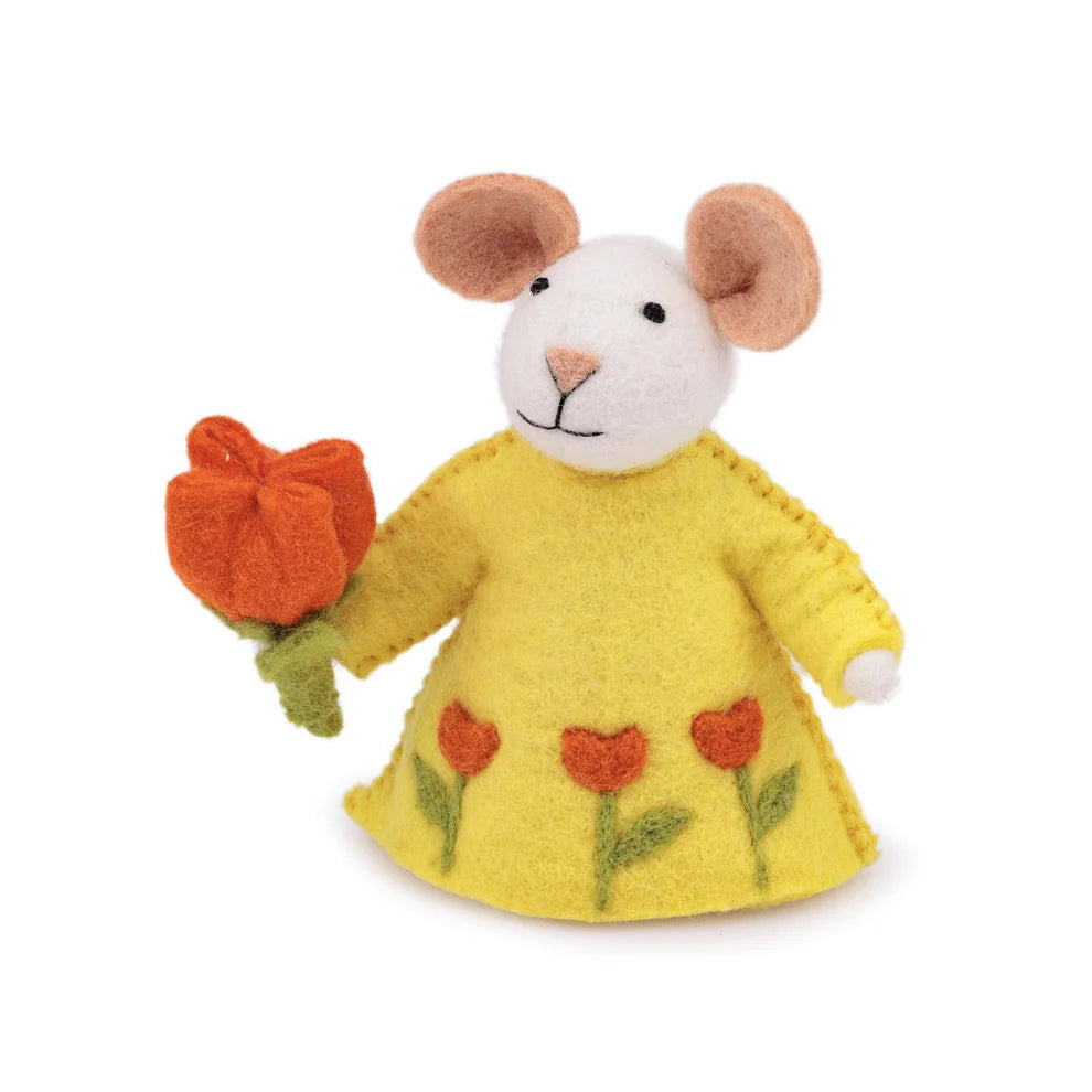 Decoratie muis van wolvilt - Geel met oranje tulp