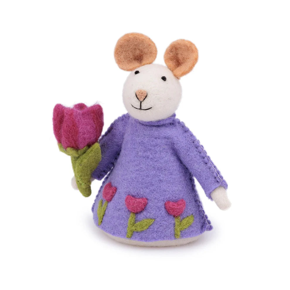 Decoratie muis van wolvilt - Paars met fuchsia tulp