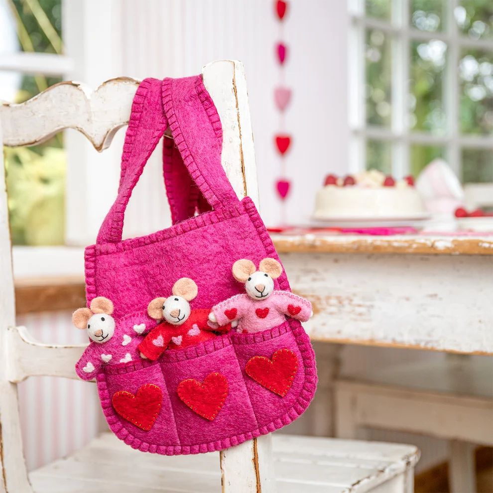 Tasje van wolvilt met vingerpopjes - Muizen - Roze