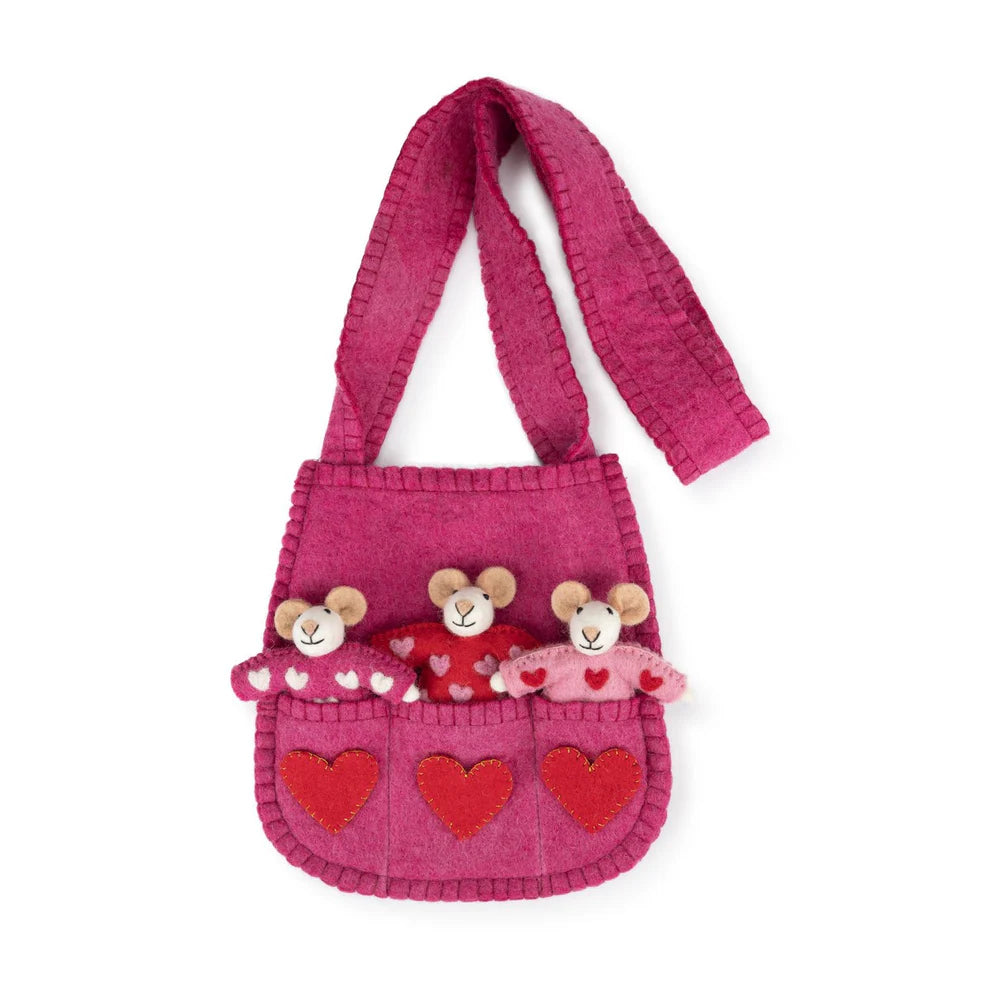 Tasje van wolvilt met vingerpopjes - Muizen - Roze