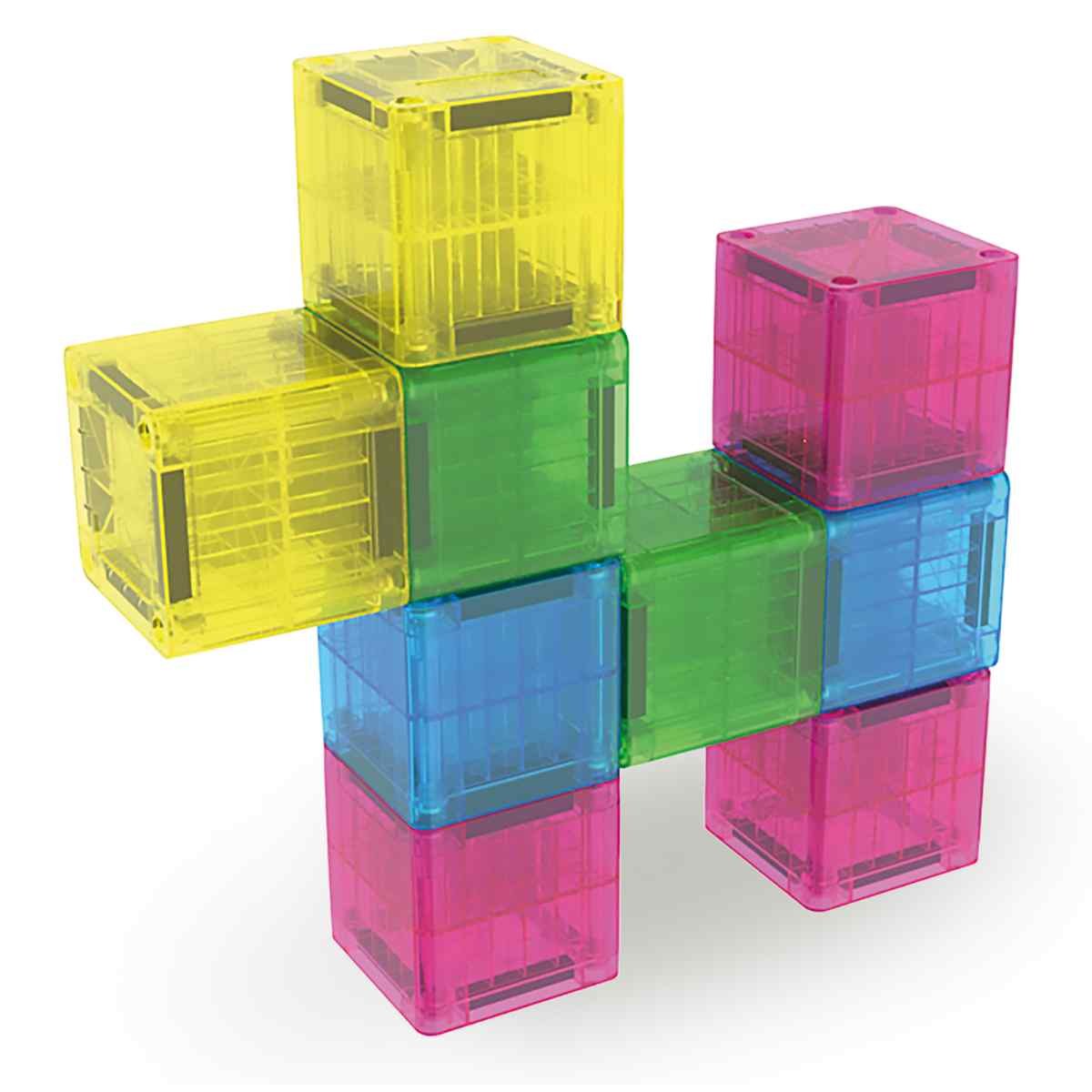 Magna-Tiles MicroMAGS magnetische kubussen in geel, groen, blauw en roze, gestapeld in 3D-constructie.
