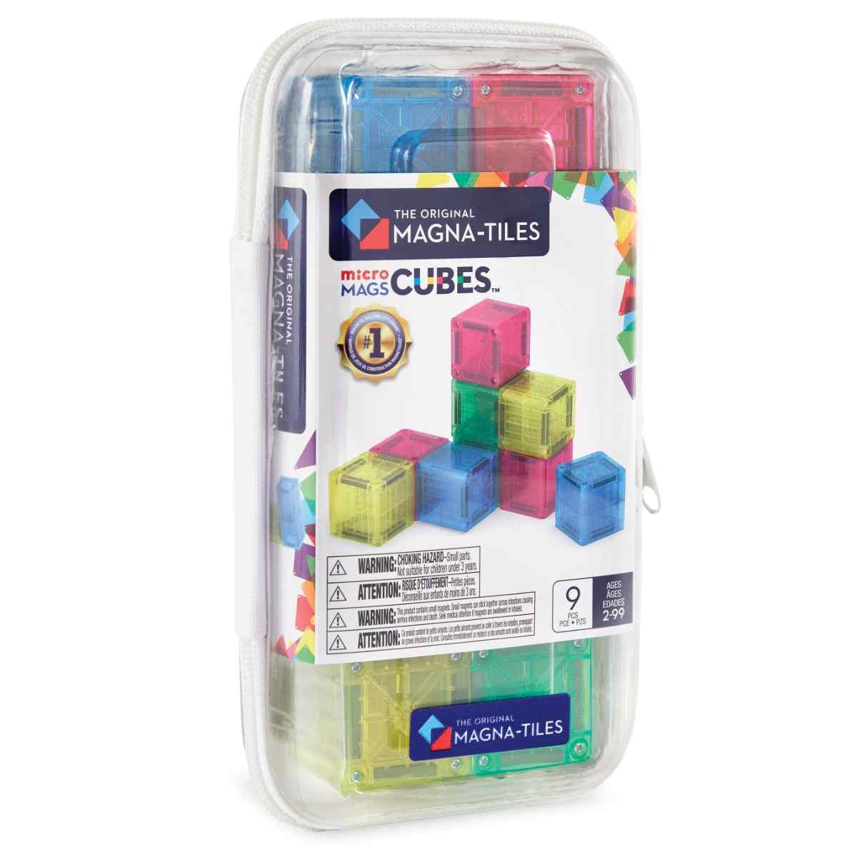 Magna-Tiles microMAGS Cubes verpakking bovenaanzicht met blauwe, roze, gele en groene magnetische kubussen zichtbaar in doosje