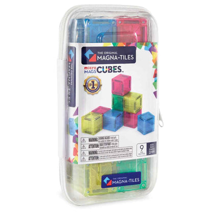 Magna-Tiles microMAGS Cubes verpakking bovenaanzicht met blauwe, roze, gele en groene magnetische kubussen zichtbaar in doosje
