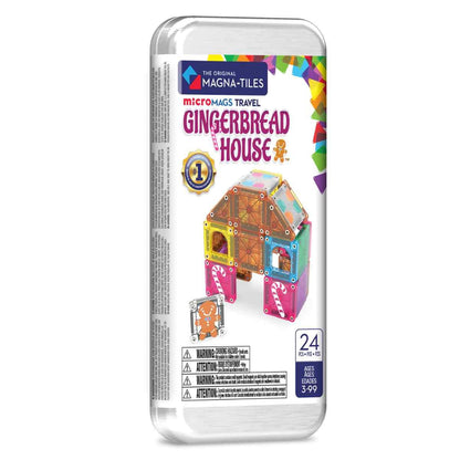 Magna-Tiles microMAGS Travel Gingerbread House set in verpakking, vooraanzicht met 3D-huismodel zichtbaar