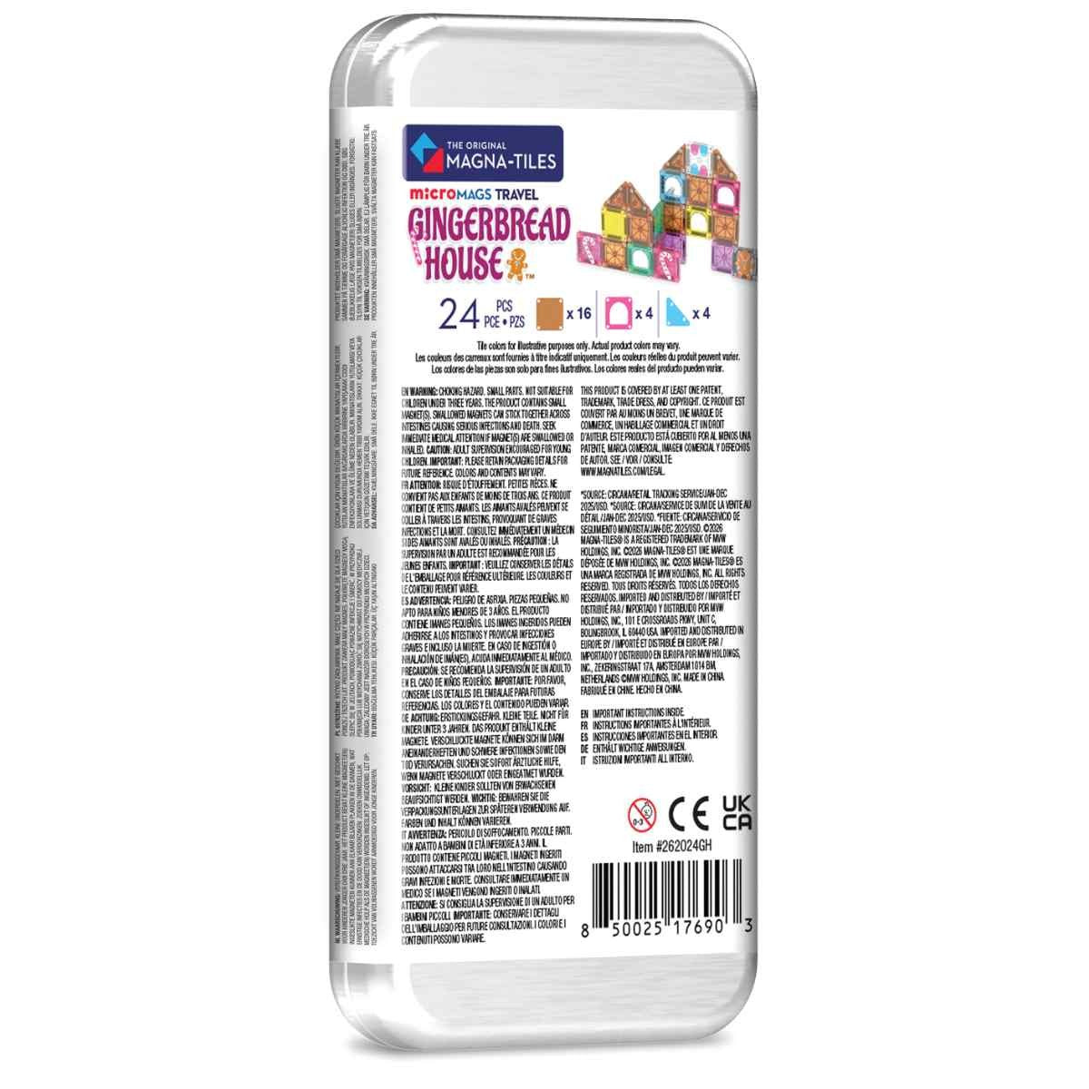 Magna-Tiles MicroMAGS Travel Gingerbread House set met 24 magnetische tegels in verpakking, vooraanzicht.