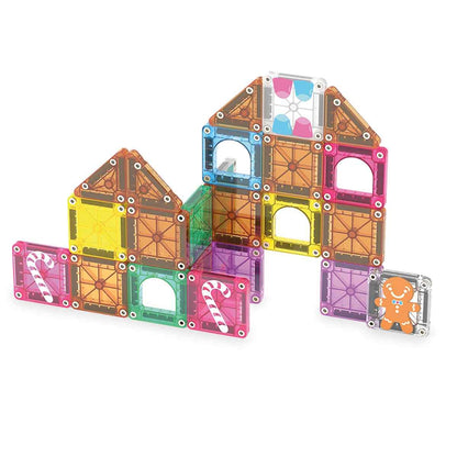 Magna-Tiles microMAGS peperkoekhuis bouwset met twee huisjes en gingerbread mannetje in kleurrijke magnetische tegels