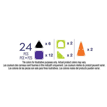 Magna-Tiles MicroMAGS Travel set inhoud overzicht: 24 magnetische bouwstenen in zwart, paars, groen en oranje met hoekverstelling