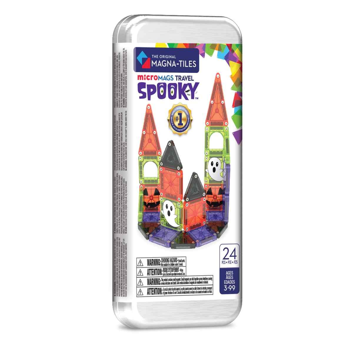 Magna-Tiles MicroMAGS Travel Spooky set verpakking met magnetische bouwstenen in Halloween-thema, vooraanzicht van de kasteel-constructie.