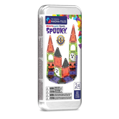 Magna-Tiles MicroMAGS Travel Spooky set verpakking met magnetische bouwstenen in Halloween-thema, vooraanzicht van de kasteel-constructie.