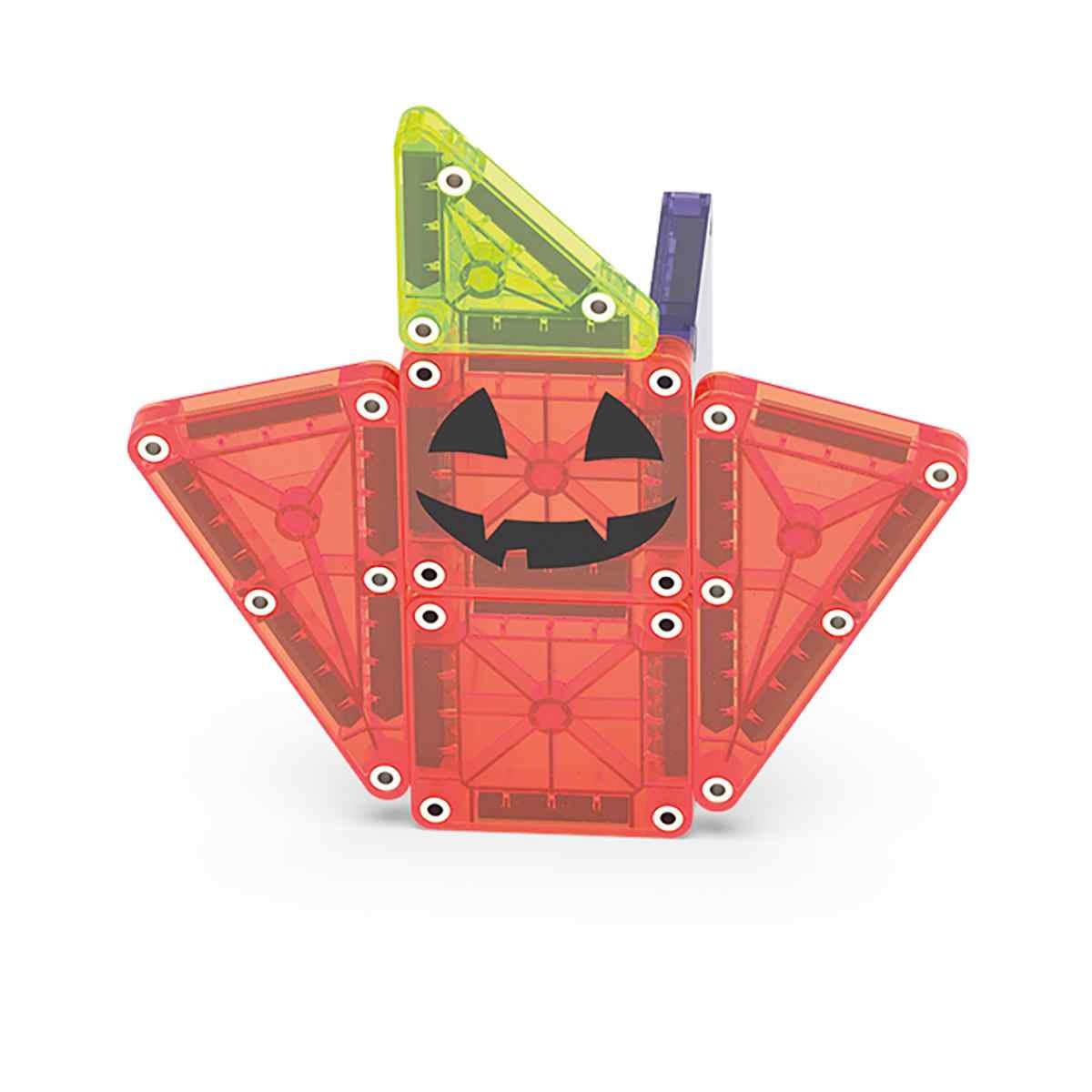 Magna-Tiles magnetische bouwset: spookgezicht in oranje en limoengroen met driehoekig dak, vooraanzicht