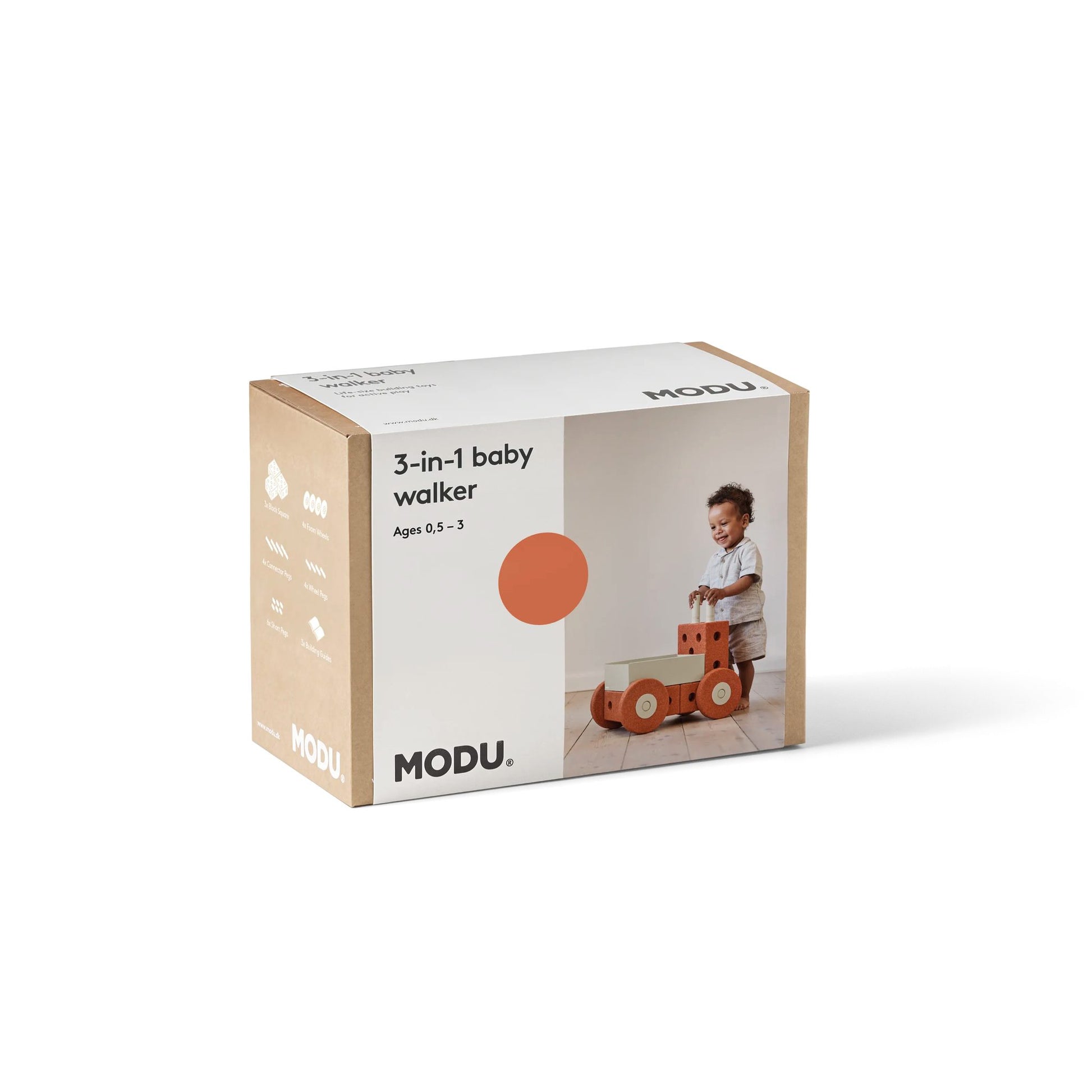 MODU 3-in-1 Baby Walker in Burnt Orange verpakking met product foto van kind - vooraanzicht doos
