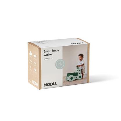 MODU 3-in-1 baby walker in océan mint en forest green, verpakking op witte achtergrond met afbeelding van peuter die loopwagen gebruikt
