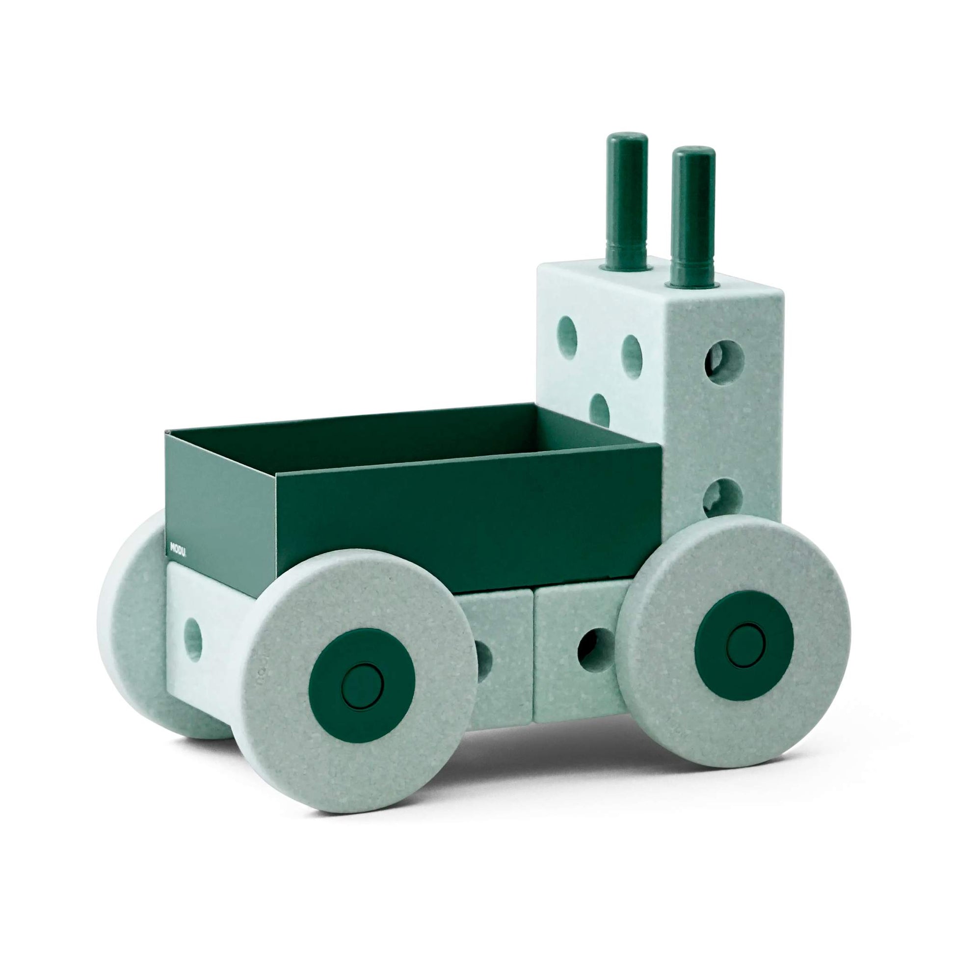 MODU 3-in-1 baby walker in ocean mint en forest green, zijkant aanzicht met wielen en duwstangen, speelgoed voor peuters