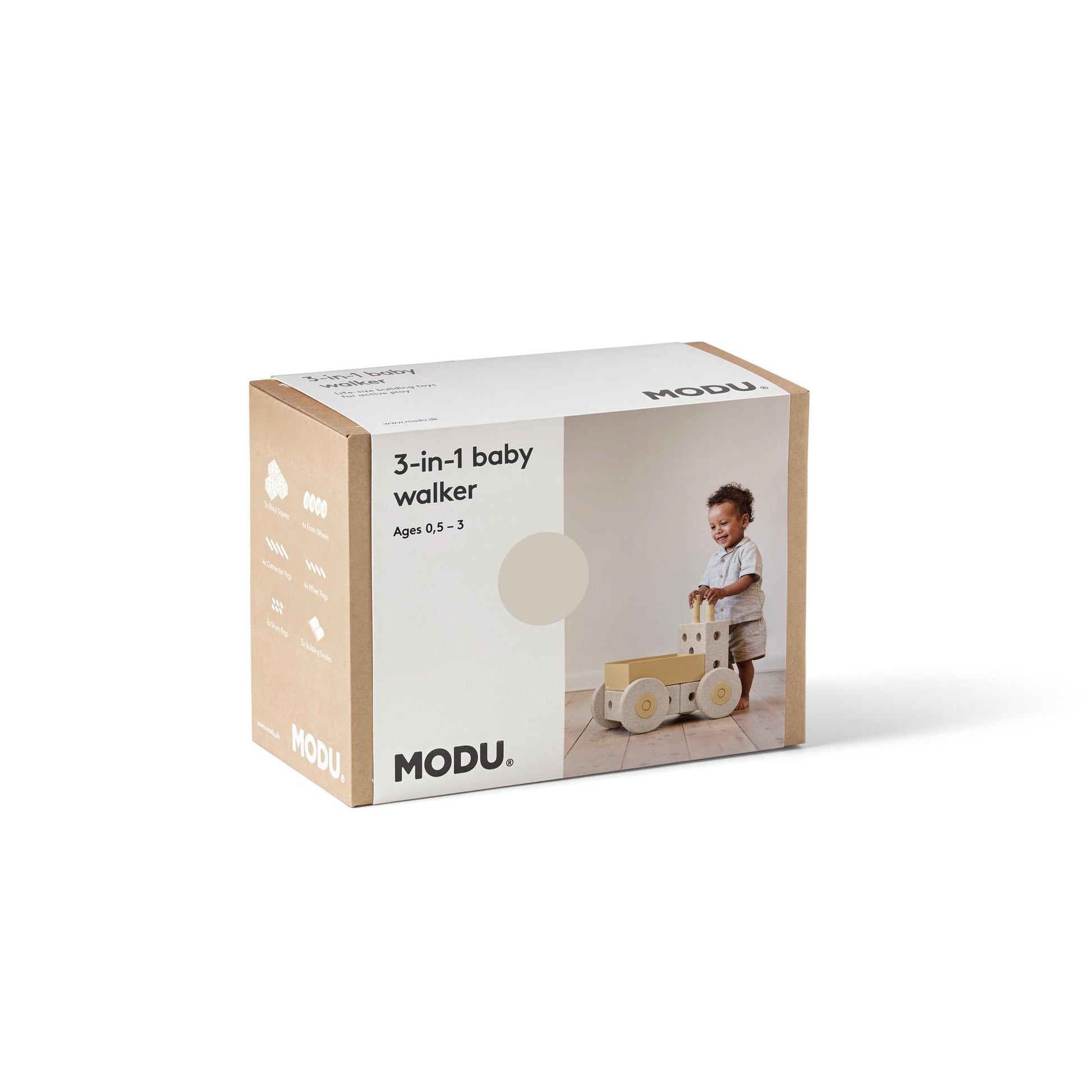MODU 3-in-1 babywalker in naturel hout en wit, verpakking met kind in gebruik