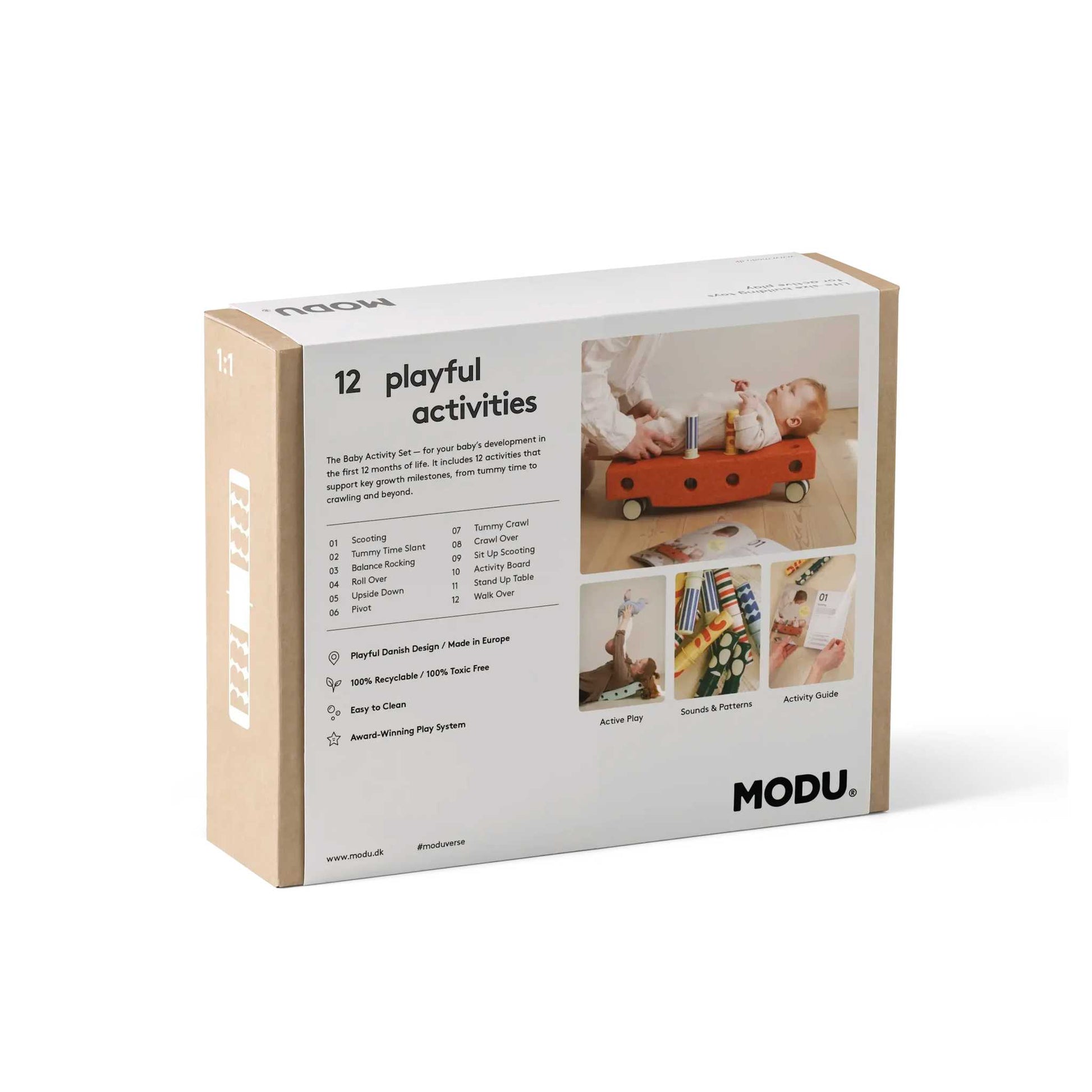 MODU Baby Activity Set verpakking met houten doos, toont 12 speelactiviteiten voor baby's 0-12 maanden op de voorkant