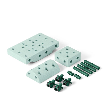 MODU Curiosity Set Ocean Mint – modulaire blokken en groene wielen in isometrisch perspectief gerangschikt