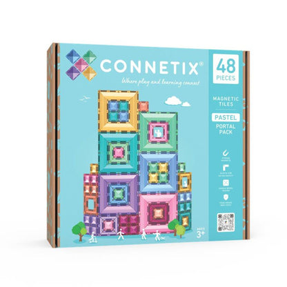 Connetix Pastel Portal Pack - 48 magnetische tegels in pastelkleuren gestapeld tot een kleurrijke 3D-structuur, vooraanzicht op lichte achtergrond