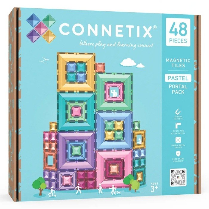 Connetix Pastel Portal Pack - 48 magnetische tegels in pastelkleuren gestapeld tot een 3D-constructie met doorschijnende portaaltegels