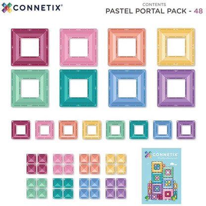 Connetix Pastel Portal Pack 48 - volledig overzicht met 8 grote vierkante portaalframes in verschillende pastelkleuren (roze, paars, groen, turquoise,