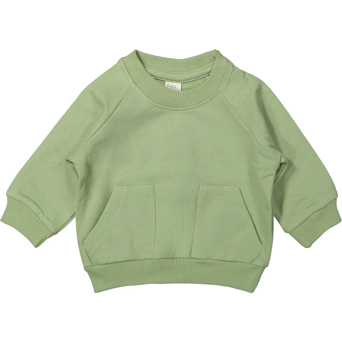 Riffle Amsterdam groene sweater van biologisch katoen, rechtstreeks van voren gefotografeerd tegen witte achtergrond