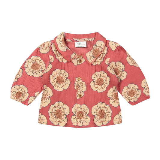 Riffle Amsterdam blouse roze met grote bloemenprint, vooraanzicht vlak uitgelegd tegen witte achtergrond