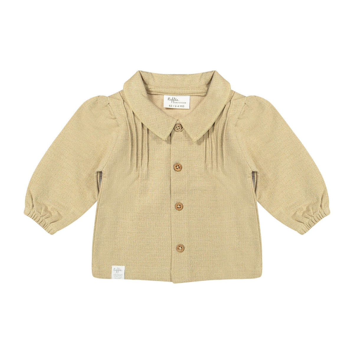 Riffle Amsterdam blouse beige met pofmouwen, volledig vooraanzicht geïsoleerd tegen witte achtergrond