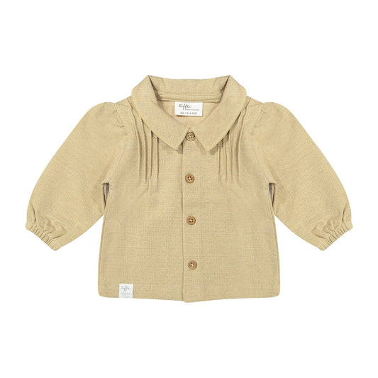 Riffle Amsterdam blouse beige met pofmouwen, volledig vooraanzicht geïsoleerd tegen witte achtergrond