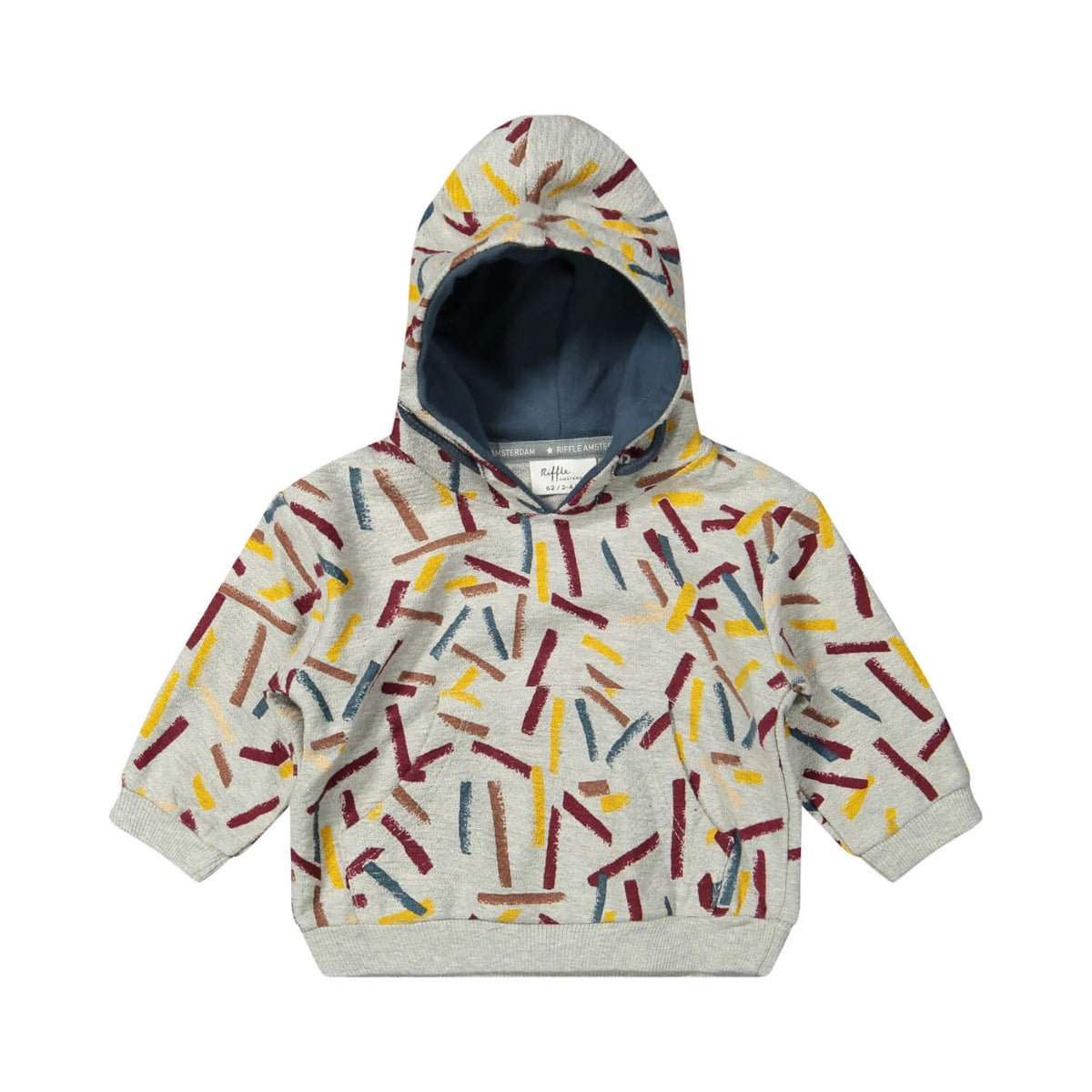 Riffle Amsterdam hoodie met gekleurde streepjes patroon, frontaanzicht met capuchon open