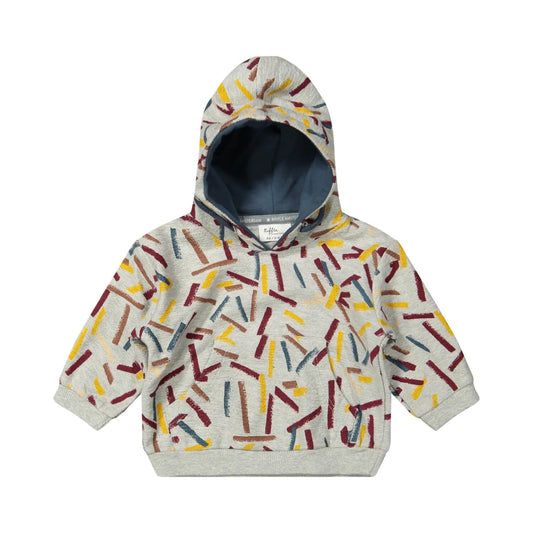 Riffle Amsterdam hoodie met gekleurde streepjes patroon, frontaanzicht met capuchon open