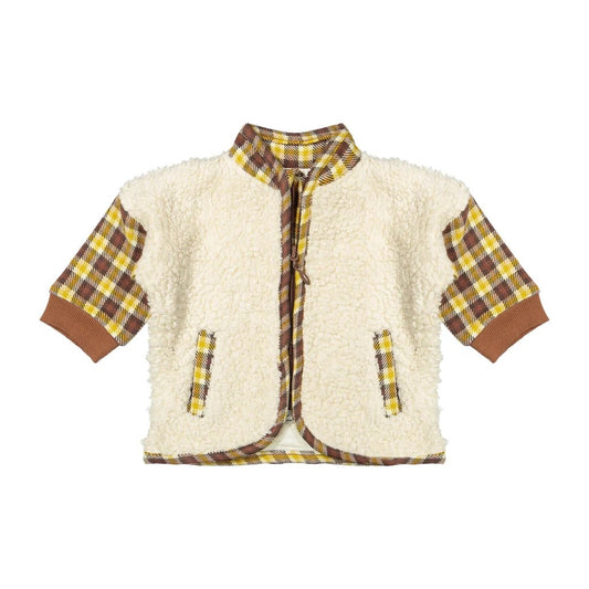 Riffle Amsterdam jasje met crèmekleurig fleece en bruin-geel geblokt patroon op mouwen en kraag, frontale productfoto.