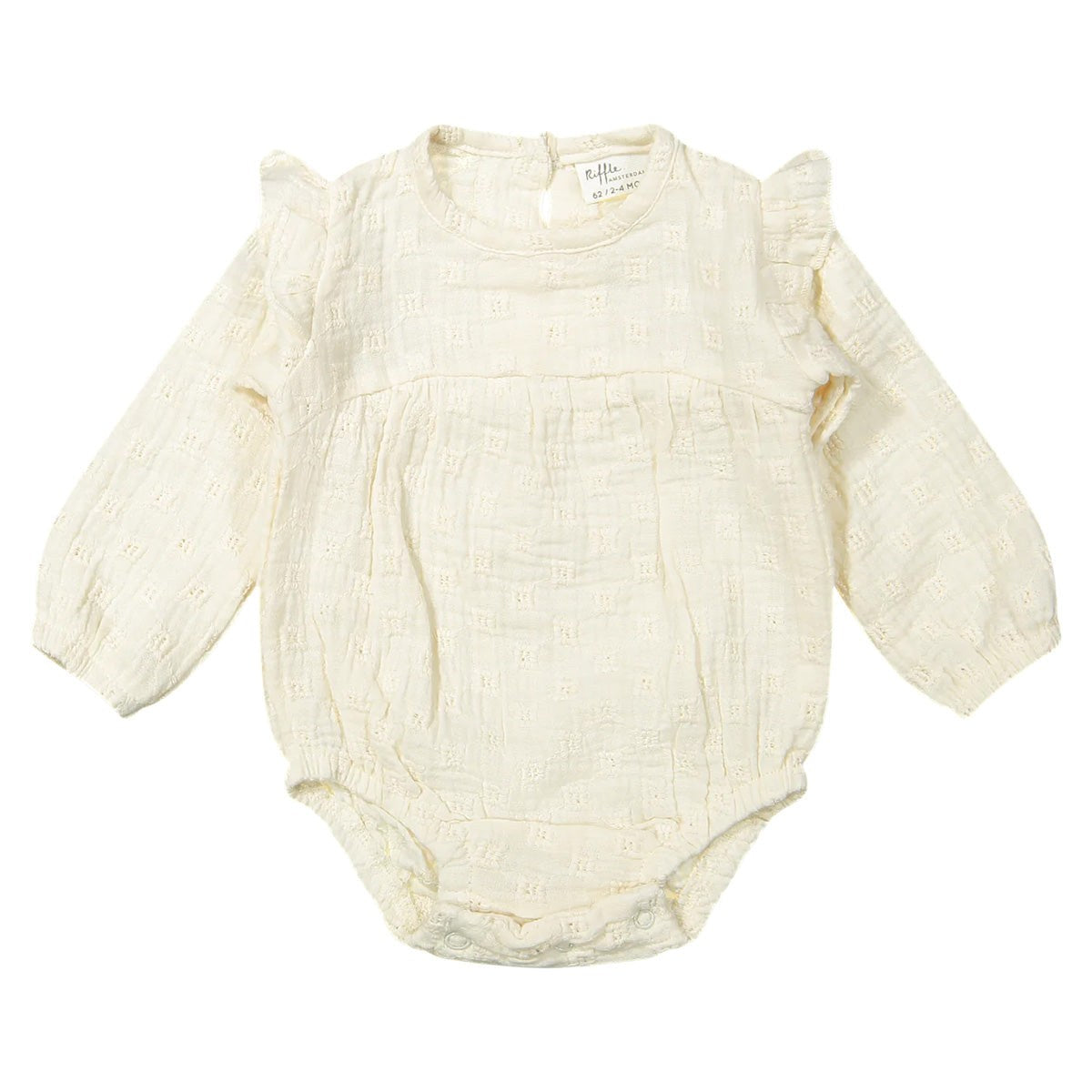 Riffle Amsterdam romper met broderie, voorkant op witte achtergrond, pofmouwen zichtbaar