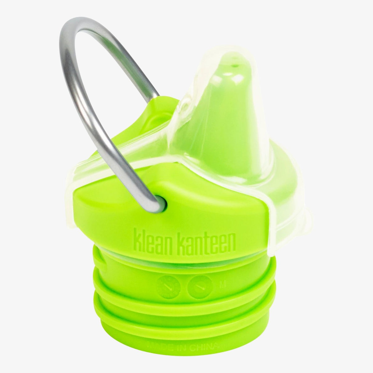 Klean Kanteen Classic Sippy Cap groen met transparante dop en grijze handgreep, frontaal tegen witte achtergrond.