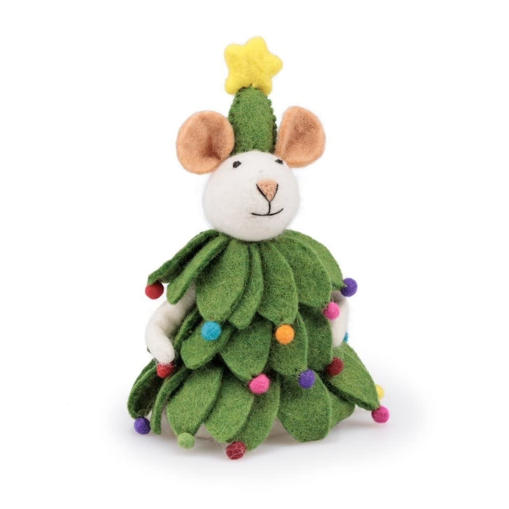 Sjaal met Verhaal vilten kerstmuis ornament met groene boomvorm, geel ster en gekleurde bolletjes, frontaal gefotografeerd