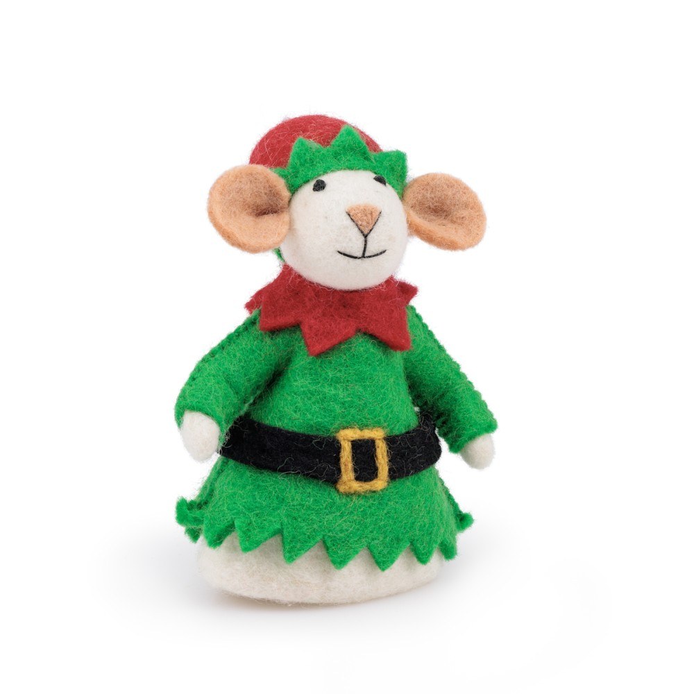 Sjaal met Verhaal vilten muis kerstelf in groen pak met rode strik, frontal product shot