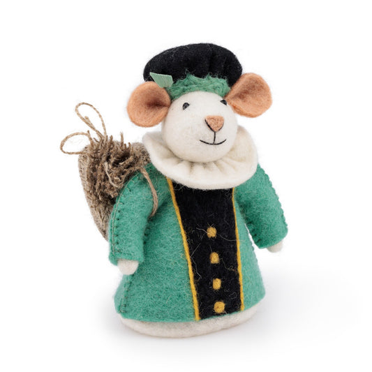 Sjaal met Verhaal Pietermuis turquoise: vilten decoratiemuis met groen jasje, zwarte hoed en strooisje, vooraanzicht
