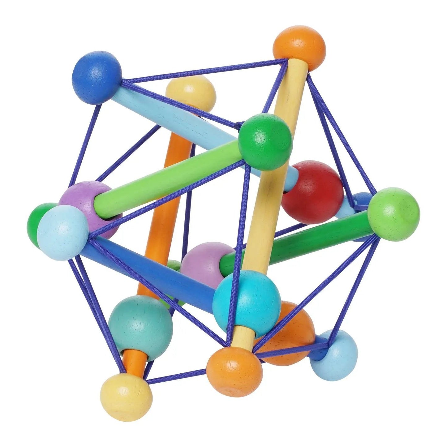 Manhattan Toy Skwish Color Burst rammelaar: veelkleurige houten bolletjes en staven verbonden met blauwe elastische koorden, frontaal gefotografeerd.