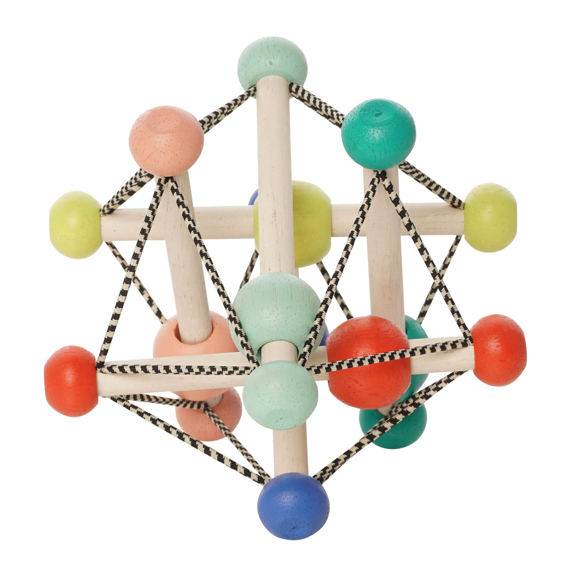 Manhattan Toy Skwish Colorpop rammelaar vanaf boven bekeken: houten framework met gekleurde balletjes en touwverbindingen
