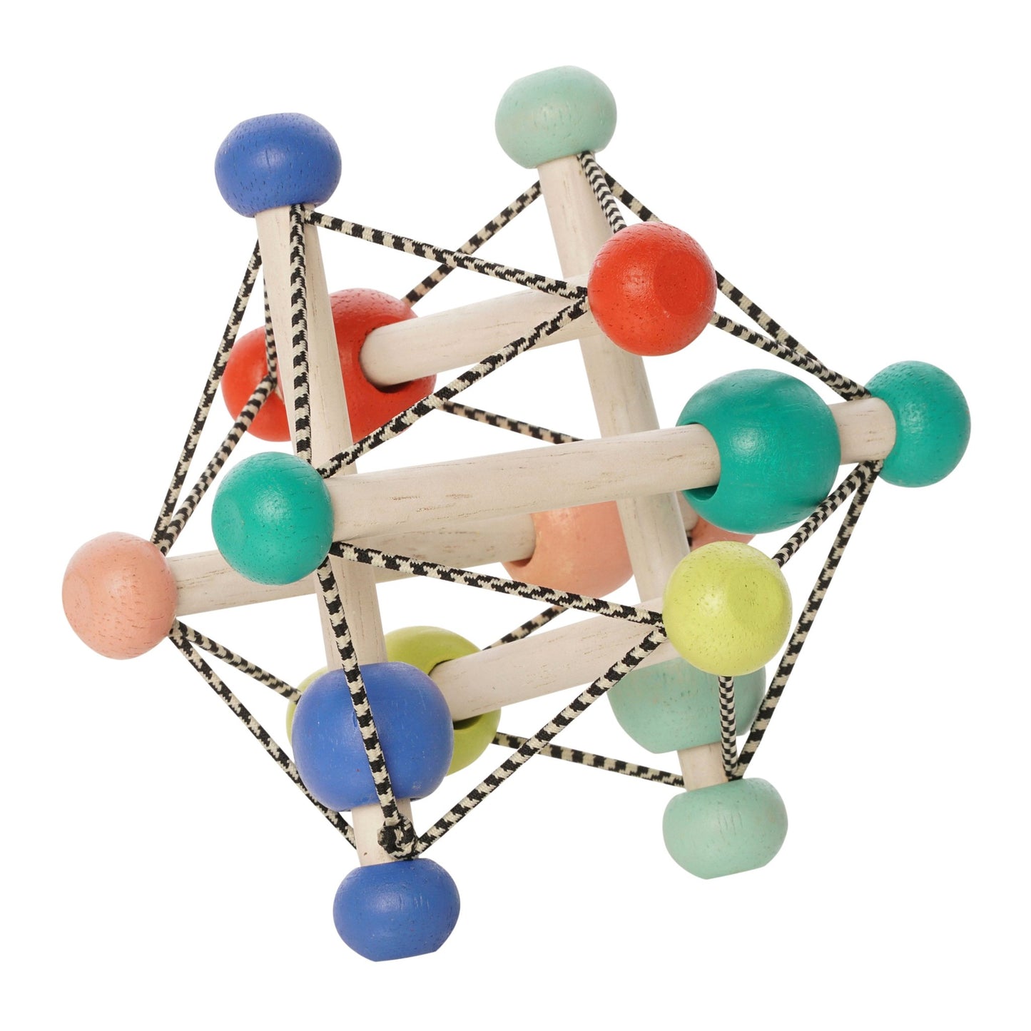 Manhattan Toy Skwish Colorpop rammelaar - houten constructie met gekleurde ballen en elastische koorden, frontaal perspectief