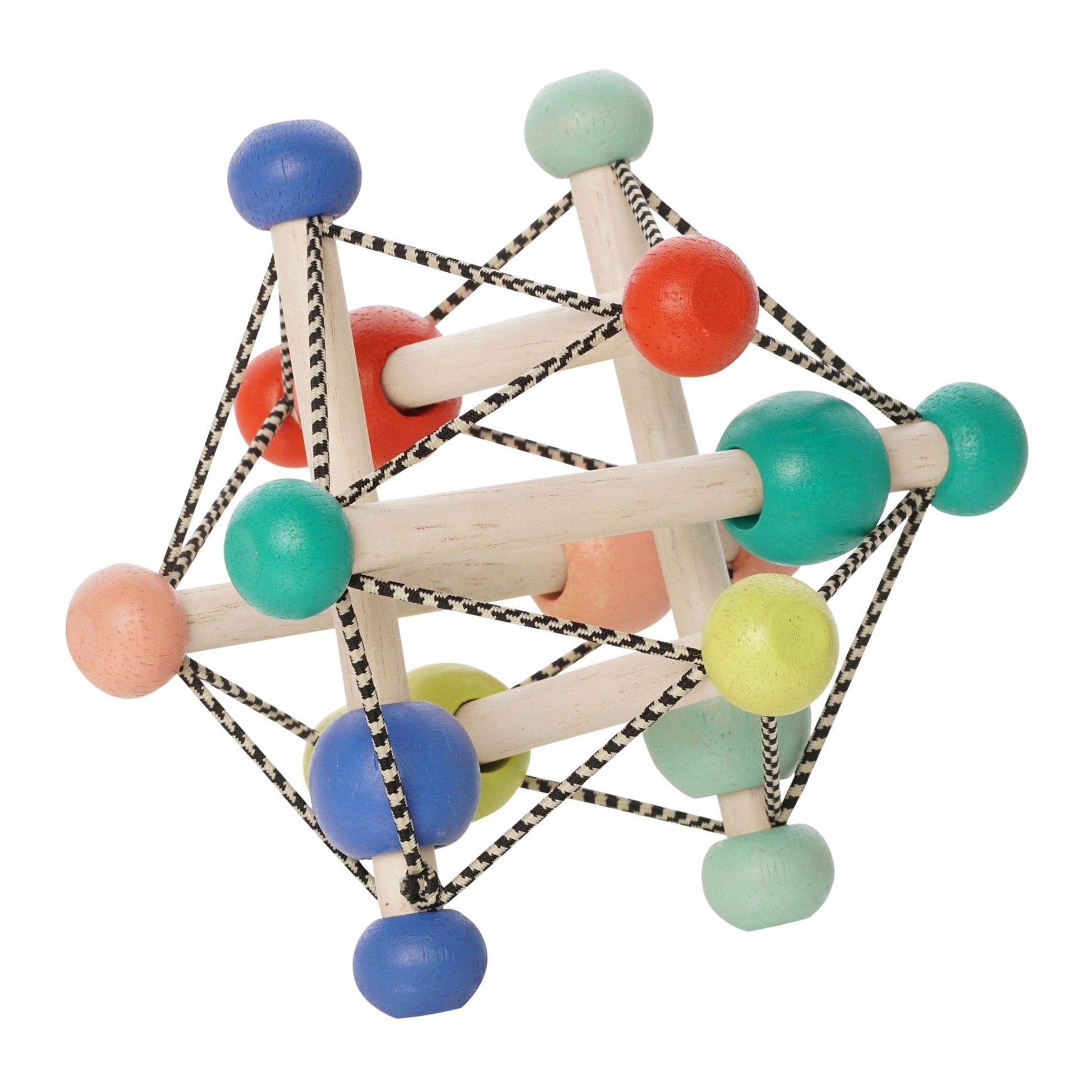 Manhattan Toy Skwish Colorpop rammelaar - houten constructie met gekleurde ballen en elastische koorden, frontaal perspectief