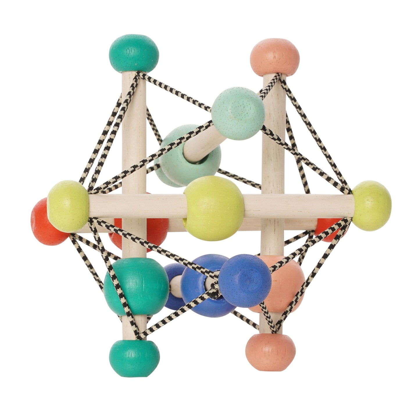 Manhattan Toy Skwish Colorpop rammelaar: houten structuur met gekleurde balletjes en elastische koorden, frontaal aanzicht.